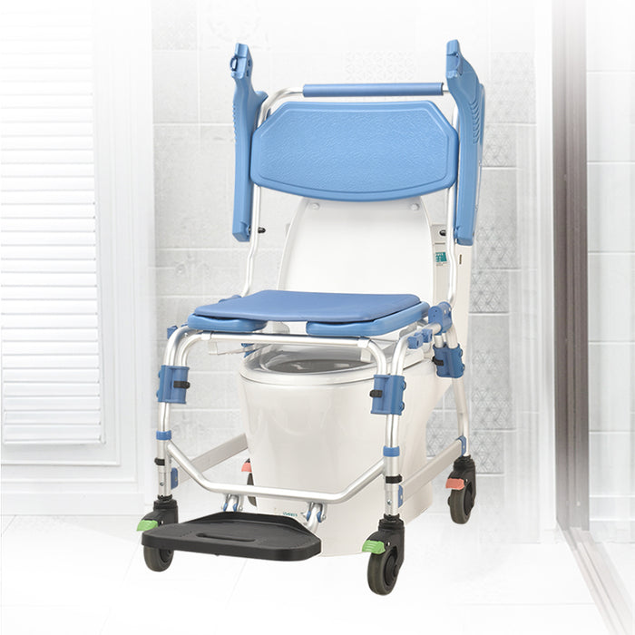 SMARTCARE Aluminium Commode Chair SC-698K | Height Adjustable, Foldable Armrests & Footrest, Waterproof EVA Cushion, 4-Inch Silent Wheels, 125kg Capacity
