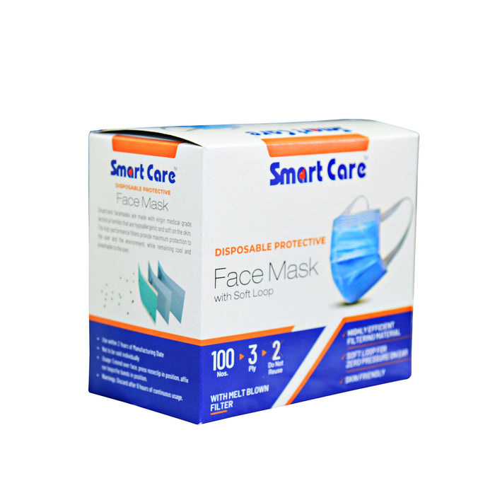 Smart Care Disposable Face Mask 3 Ply Soft Ear Loop 100 Pieces | 3 Ply Disposable Built-IN Nose Pin Face Mask