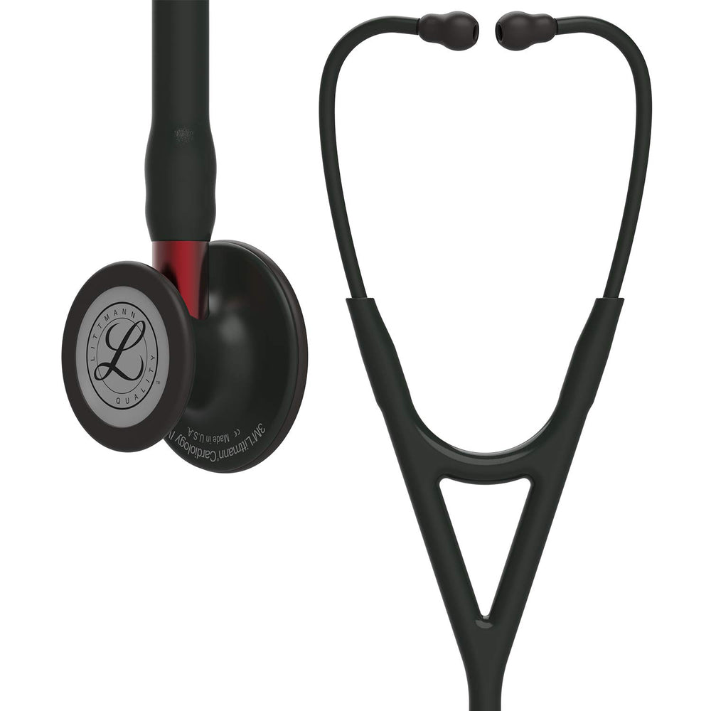 3M Littmann Cardiology IV Diagnostic Stethoscope, Black-Finish Chestpiece, Black Tube, Red Stem and Black Headset, 27 inch, 6200