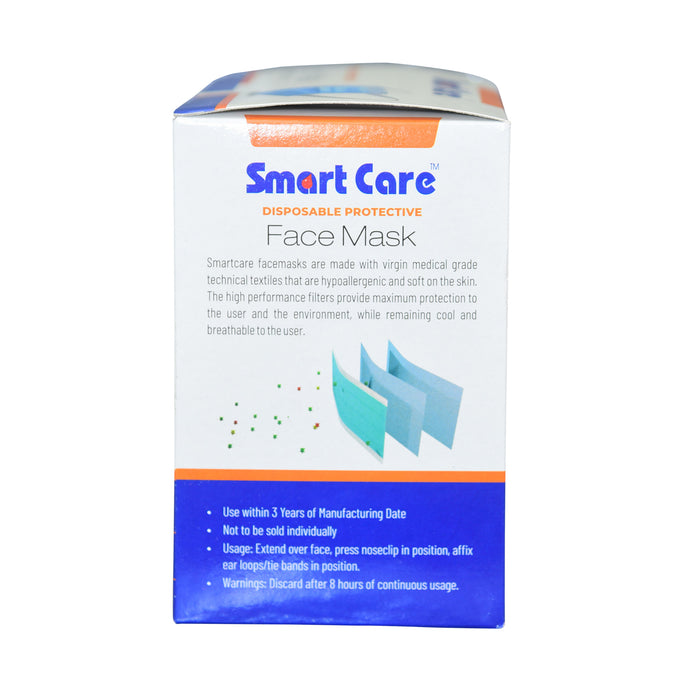 Smart Care Disposable Face Mask 3 Ply Soft Ear Loop 100 Pieces | 3 Ply Disposable Built-IN Nose Pin Face Mask