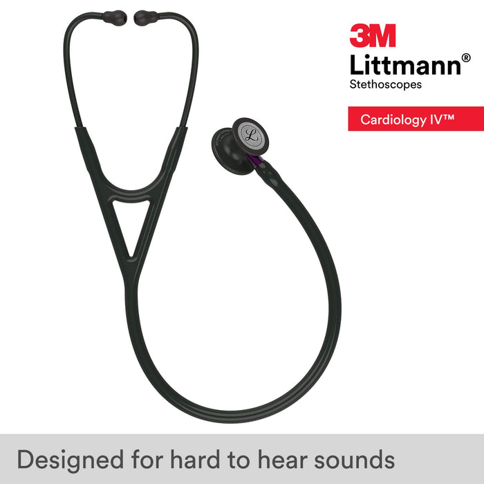 3M Littmann Cardiology IV Diagnostic Stethoscope, Black-Finish Chestpiece, Black Tube, Violet Stem and Black Headset, 27 inch, 6203