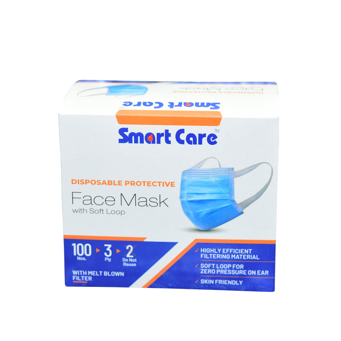 Smart Care Disposable Face Mask 3 Ply Soft Ear Loop 100 Pieces | 3 Ply Disposable Built-IN Nose Pin Face Mask