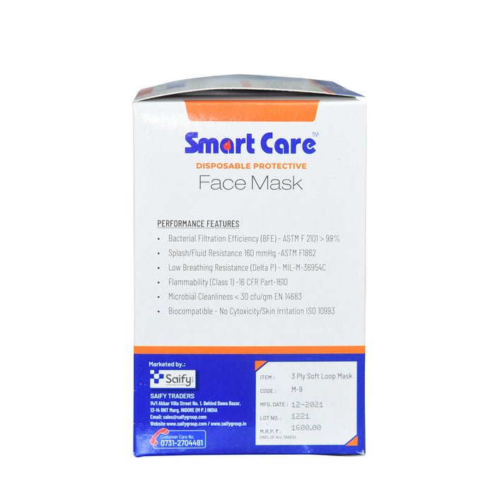 Smart Care Disposable Face Mask 3 Ply Soft Ear Loop 100 Pieces | 3 Ply Disposable Built-IN Nose Pin Face Mask
