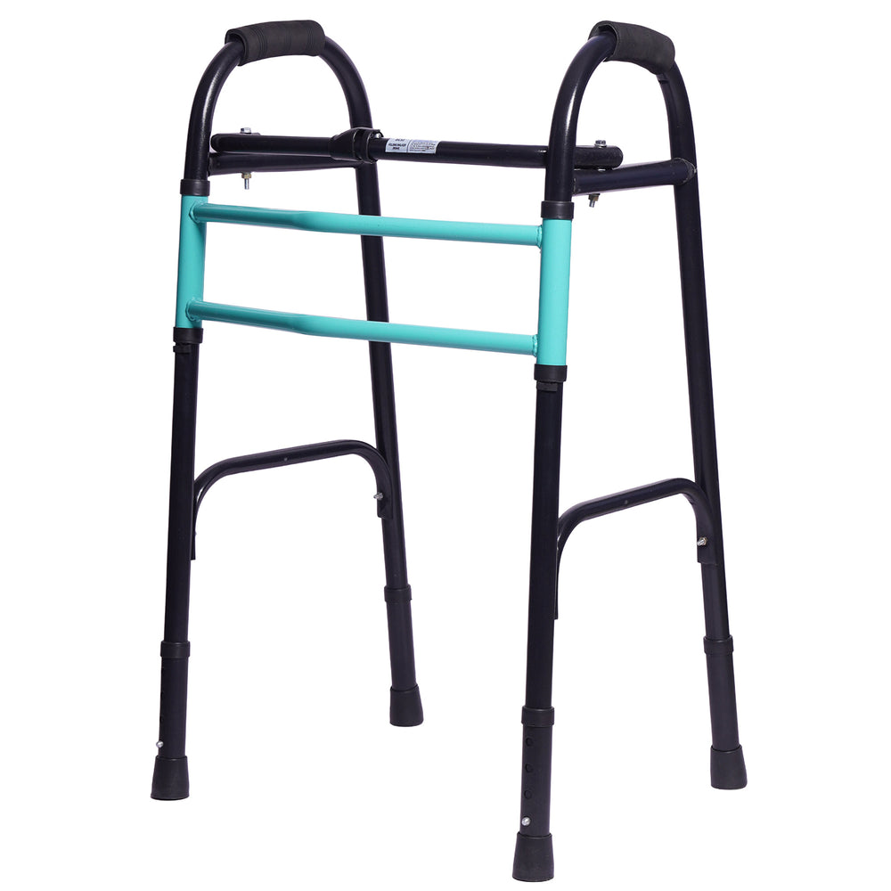 SMARTCARE Adult Walker (Black-Green) - Lightweight, Height Adjustable Walker with Non-Skid Grips, Easy Folding Mechanism, Rubber Grip Button, Reciprocal Feature, and Durable MS Pipe Construction for Secure Support and Comfortable Mobility