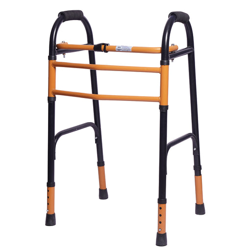SMARTCARE Adult Walker (Black-Orange) - Lightweight, Height Adjustable Walker with Non-Skid Grips, Easy Folding Mechanism, Rubber Grip Button, Reciprocal Feature, and Durable MS Pipe Construction for Secure Support and Comfortable Mobility