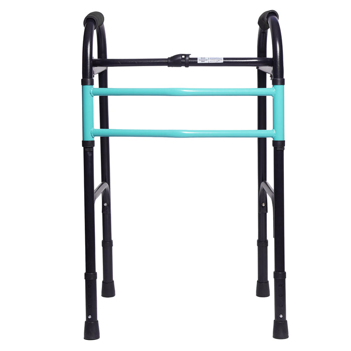 SMARTCARE Adult Walker (Black-Green) - Lightweight, Height Adjustable Walker with Non-Skid Grips, Easy Folding Mechanism, Rubber Grip Button, Reciprocal Feature, and Durable MS Pipe Construction for Secure Support and Comfortable Mobility