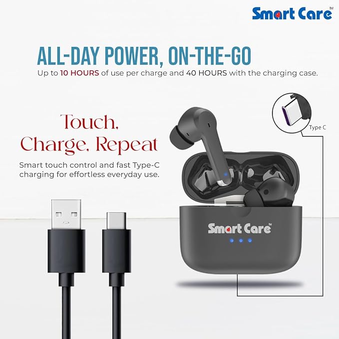 SMARTCARE SC-909 Digital Hearing Aid | 16-Channel WDRC | Bluetooth 5.2 | 38-Hour Battery Life, Button Control | Rechargeable TWS Hearing Device Mild to Moderately Severe Hearing Loss | Type-C Charging