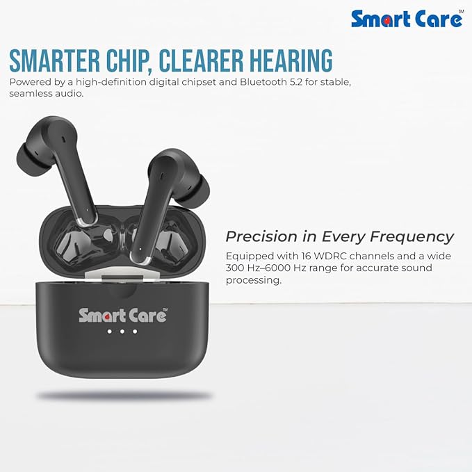 SMARTCARE SC-909 Digital Hearing Aid | 16-Channel WDRC | Bluetooth 5.2 | 38-Hour Battery Life, Button Control | Rechargeable TWS Hearing Device Mild to Moderately Severe Hearing Loss | Type-C Charging