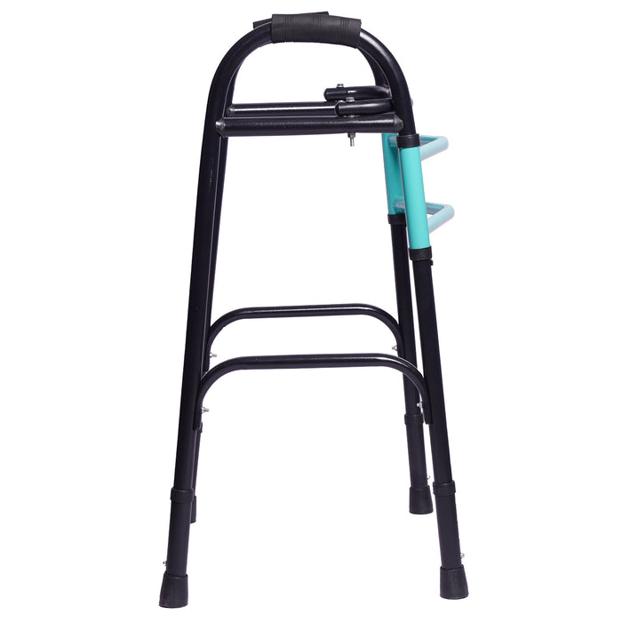 SMARTCARE Adult Walker (Black-Green) - Lightweight, Height Adjustable Walker with Non-Skid Grips, Easy Folding Mechanism, Rubber Grip Button, Reciprocal Feature, and Durable MS Pipe Construction for Secure Support and Comfortable Mobility