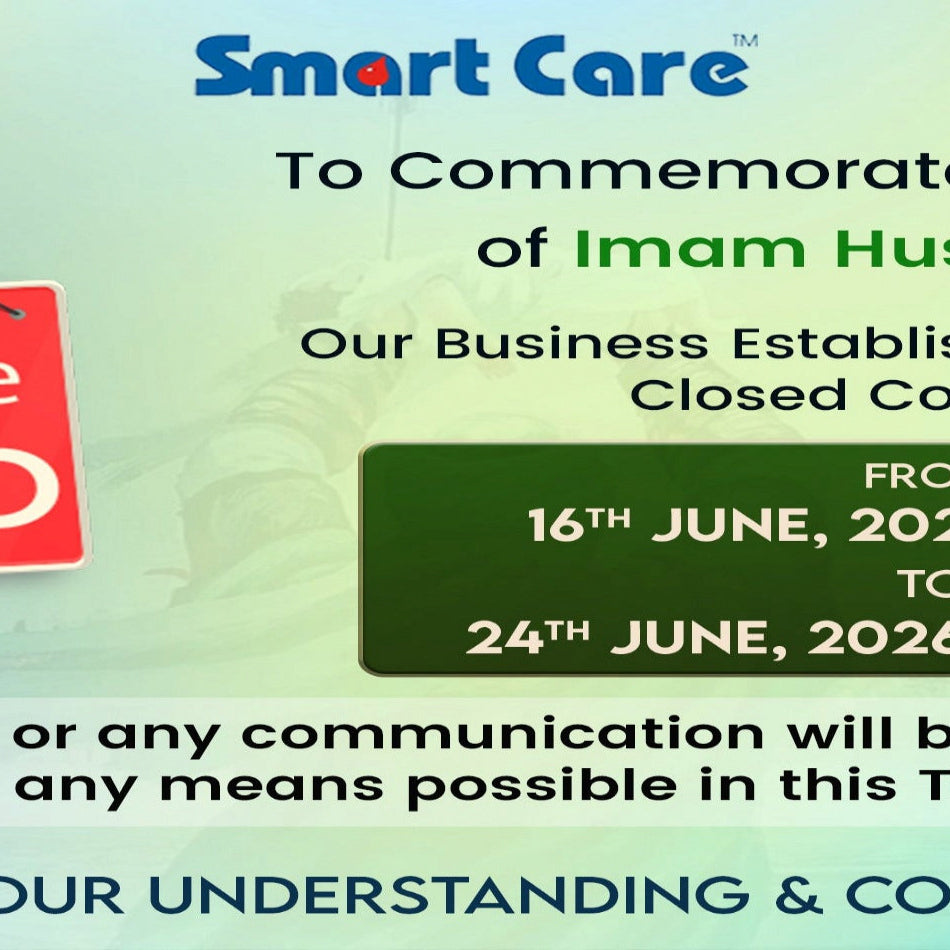 Notification of business closure for Smart Care due to commemorating Imam Hussain's martyrdom, with a red 'Sorry, we're closed' sign.