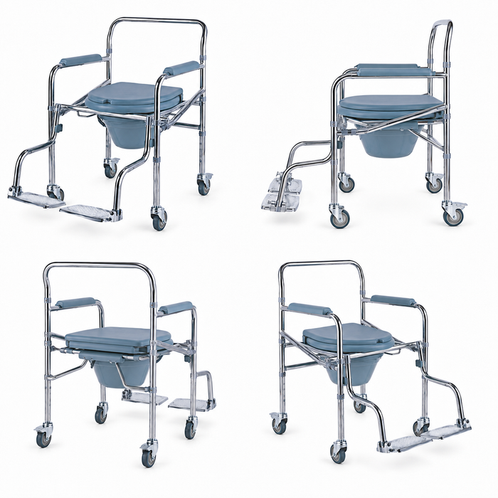 SMARTCARE Height Adjustable Commode Chair with Footrest SC-2819 | Chrome Steel Folding Frame, Flip-Up Leg Rest, 3" Caster Wheels with Rear Pedal Brake | Portable & Durable for Elderly & Disabled