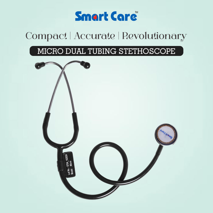 SMARTCARE Stethoscope Micro (Black Color) - High-Fidelity Dual Lumen Stethoscope with Non-Chill Rim Bell, Sealed Eartips, Soft Tubing, and Noise Isolation for Accurate Diagnosis and Maximum Comfort