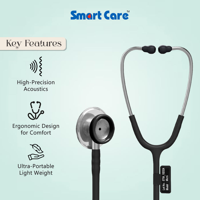 SMARTCARE Stethoscope Micro (Black Color) - High-Fidelity Dual Lumen Stethoscope with Non-Chill Rim Bell, Sealed Eartips, Soft Tubing, and Noise Isolation for Accurate Diagnosis and Maximum Comfort