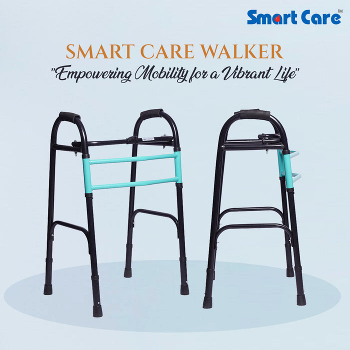 SMARTCARE Adult Walker (Black-Green) - Lightweight, Height Adjustable Walker with Non-Skid Grips, Easy Folding Mechanism, Rubber Grip Button, Reciprocal Feature, and Durable MS Pipe Construction for Secure Support and Comfortable Mobility