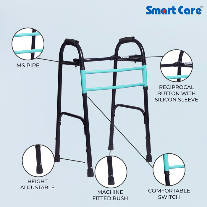 SMARTCARE Adult Walker (Black-Green) - Lightweight, Height Adjustable Walker with Non-Skid Grips, Easy Folding Mechanism, Rubber Grip Button, Reciprocal Feature, and Durable MS Pipe Construction for Secure Support and Comfortable Mobility