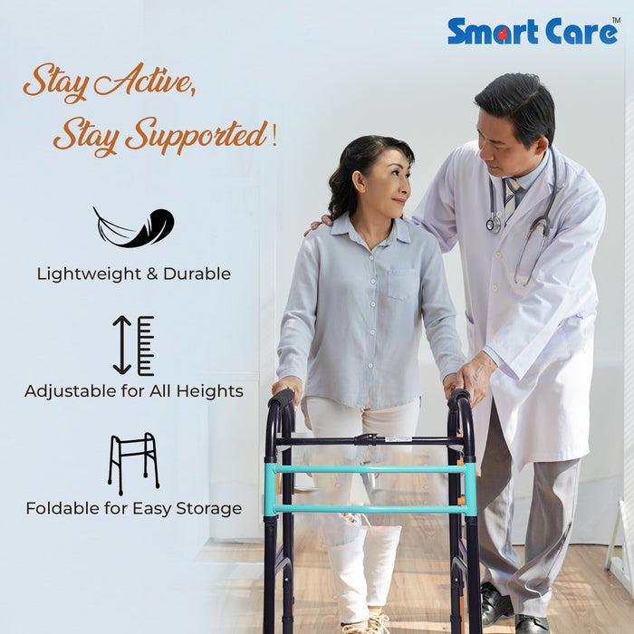 SMARTCARE Adult Walker (Black-Green) - Lightweight, Height Adjustable Walker with Non-Skid Grips, Easy Folding Mechanism, Rubber Grip Button, Reciprocal Feature, and Durable MS Pipe Construction for Secure Support and Comfortable Mobility