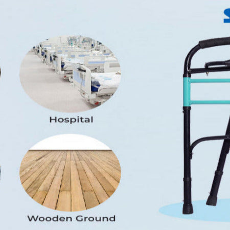 Smart Care walker with usage scenarios on a light blue background