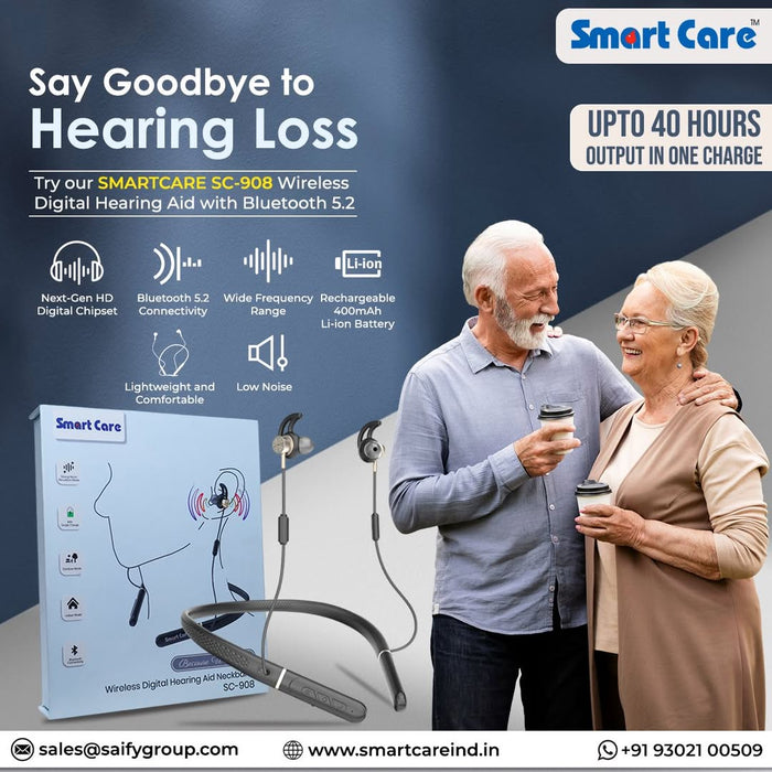 SMARTCARE SC-908 Wireless Digital Hearing Aid with Bluetooth 5.2, Rechargeable Battery, USB-C Fast Charging, 16 WDRC Channels, Lightweight Neckband Style Hearing Device