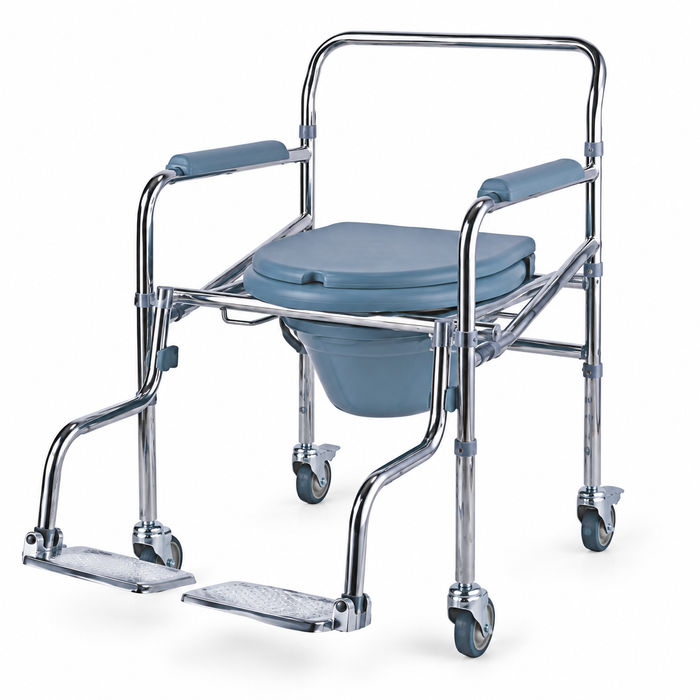 SMARTCARE Height Adjustable Commode Chair with Footrest SC-2819 | Chrome Steel Folding Frame, Flip-Up Leg Rest, 3" Caster Wheels with Rear Pedal Brake | Portable & Durable for Elderly & Disabled