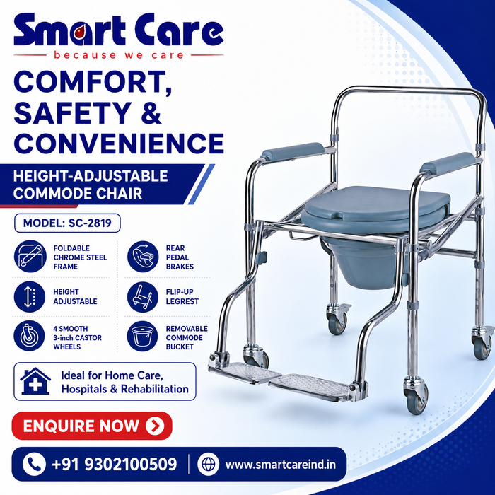 SMARTCARE Height Adjustable Commode Chair with Footrest SC-2819 | Chrome Steel Folding Frame, Flip-Up Leg Rest, 3" Caster Wheels with Rear Pedal Brake | Portable & Durable for Elderly & Disabled