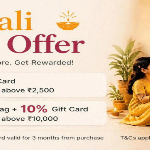 Promotional banner for Smart Care Diwali Festive Offer, featuring a family of four in traditional Indian attire sitting by warm string lights and oil lamps, alongside text offering 10% gift cards and a free travel bag.