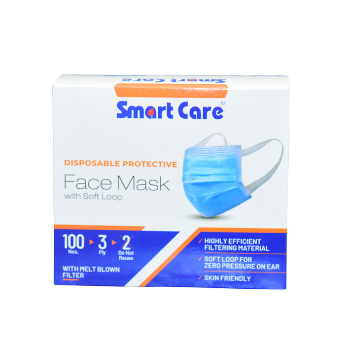 Smart Care Disposable Face Mask 3 Ply Soft Ear Loop 100 Pieces | 3 Ply Disposable Built-IN Nose Pin Face Mask